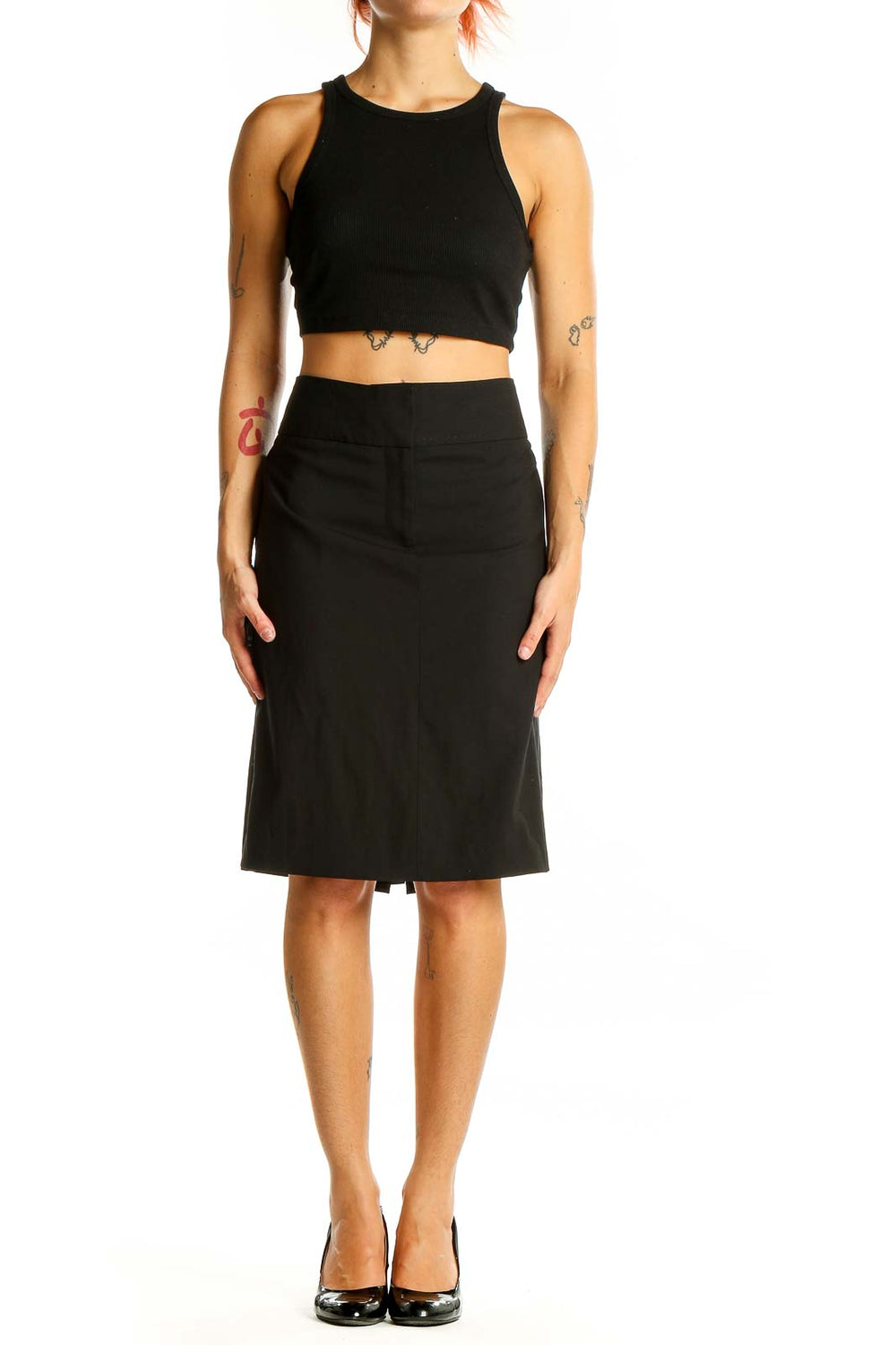 Front view of J.Crew black wool blend A-line skirt on model