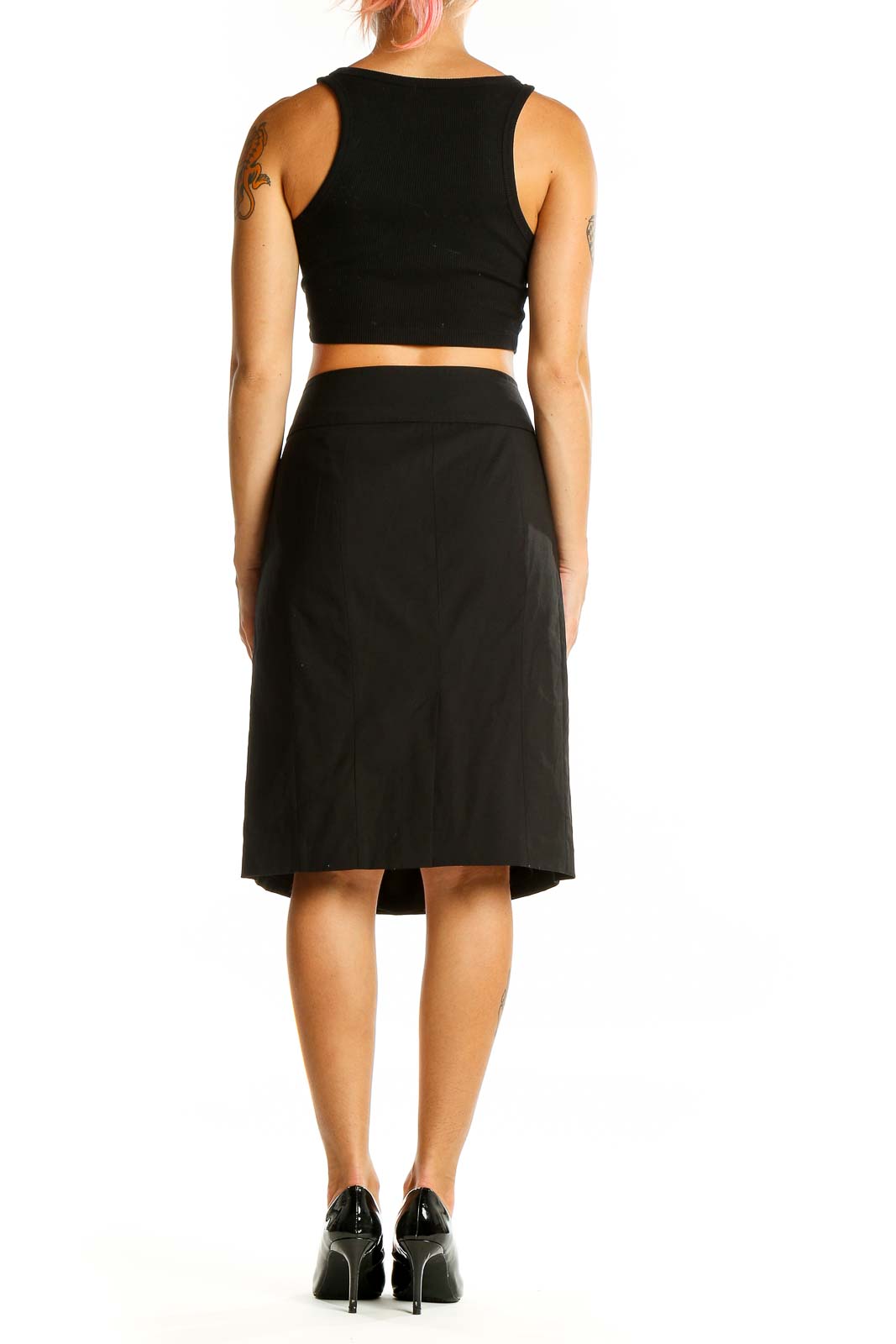 Back view of J.Crew black wool blend A-line skirt on model