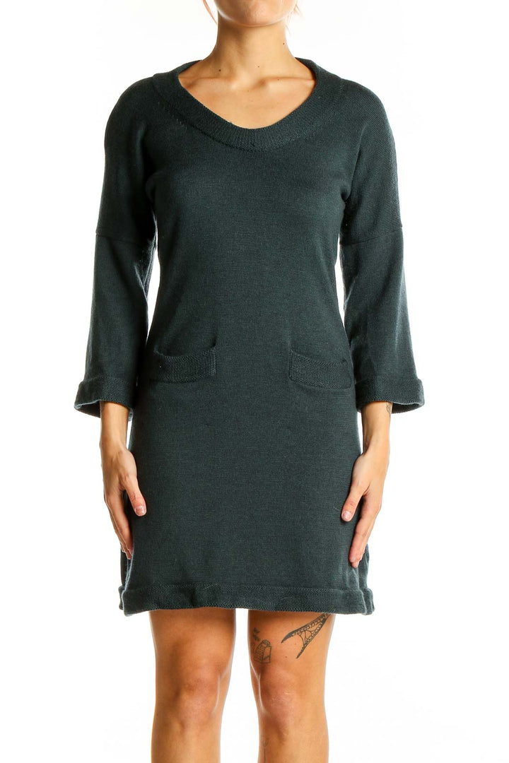 Front view of forest green Banana Republic Merino wool sweater dress