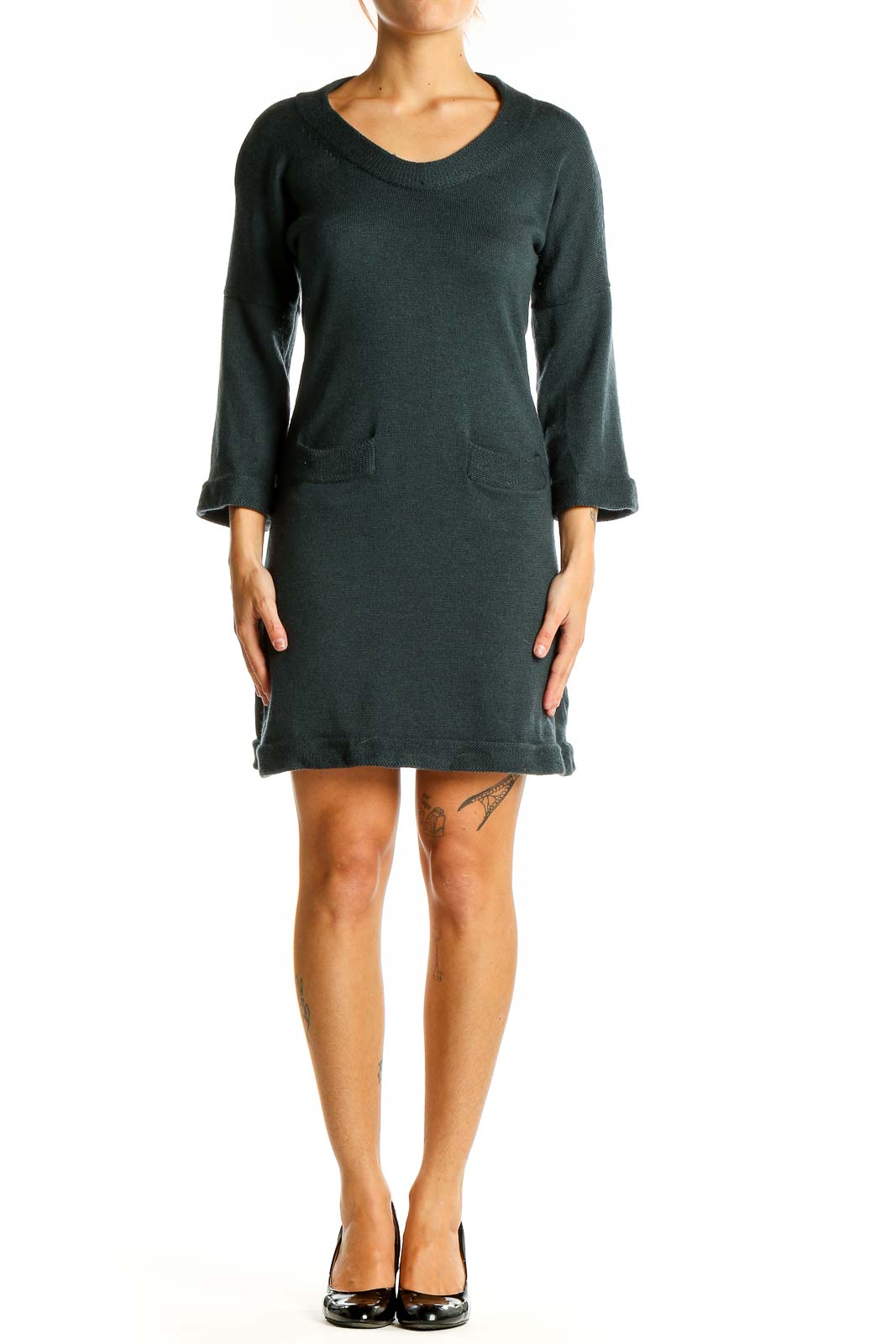 Front view of forest green Banana Republic Merino wool sweater dress