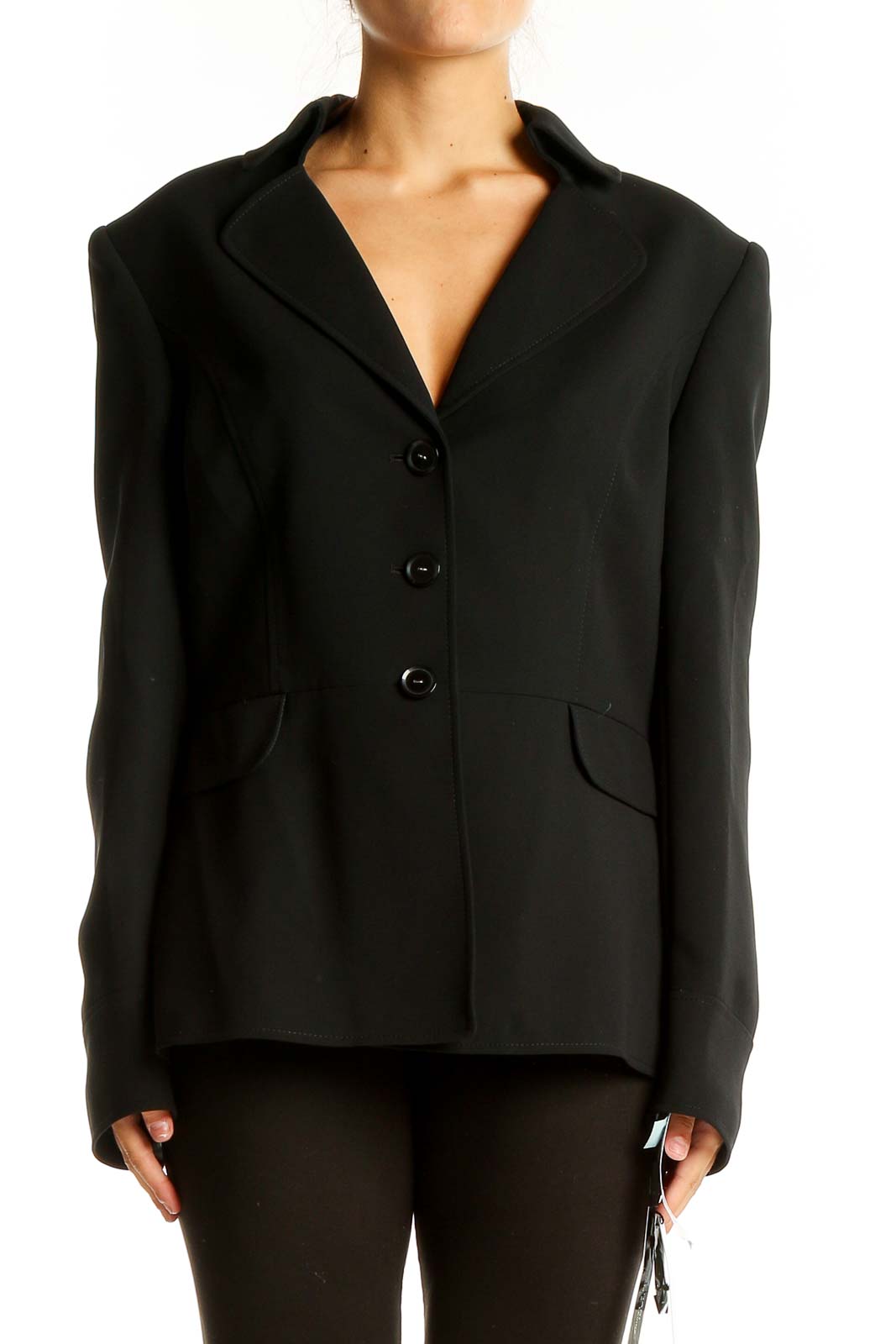 Front view of Tahari Arthur S. Levine black tailored blazer with three-button closure