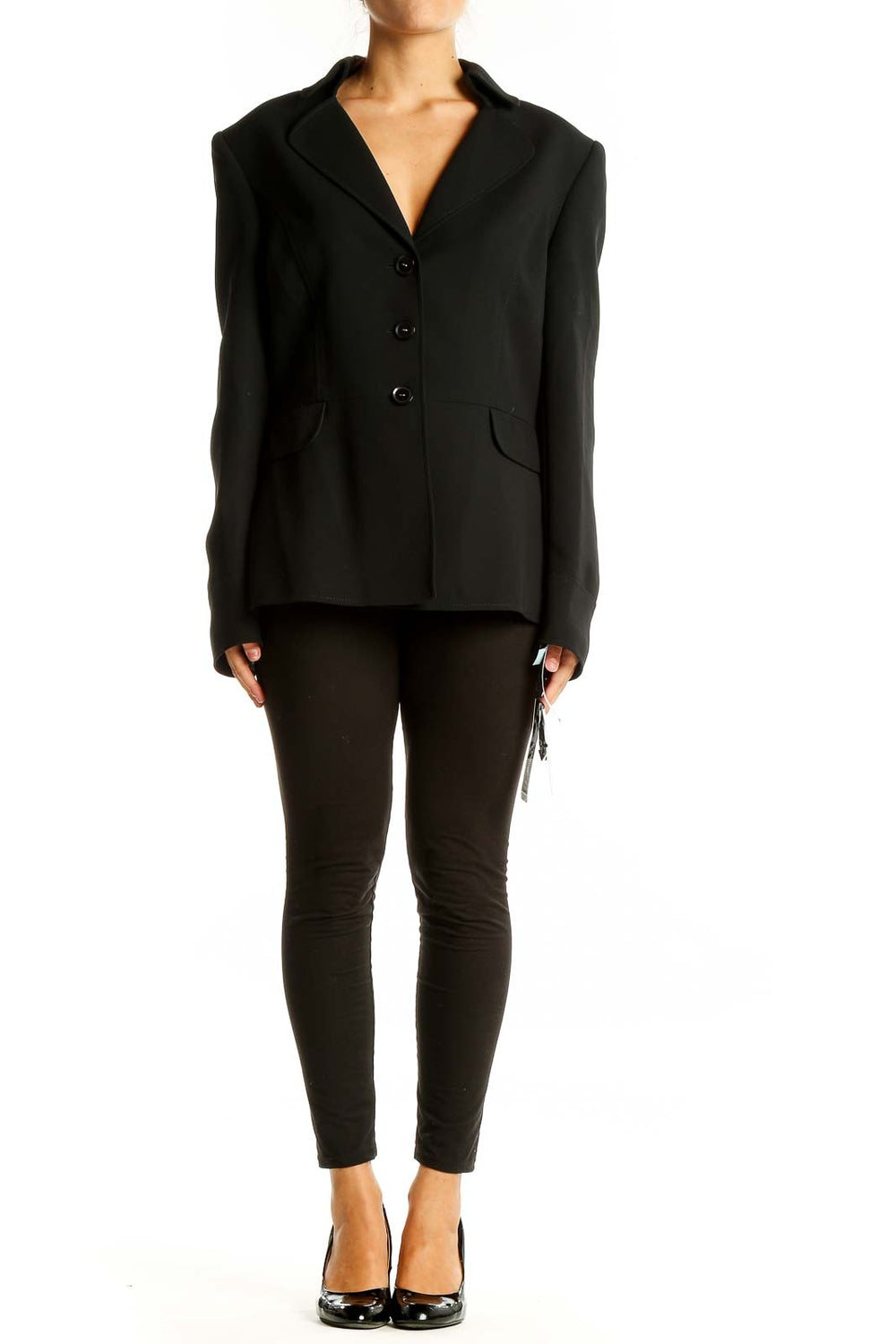 Front view of Tahari Arthur S. Levine black tailored blazer with three-button closure