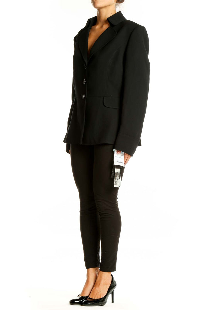 Front view of Tahari Arthur S. Levine black tailored blazer with three-button closure