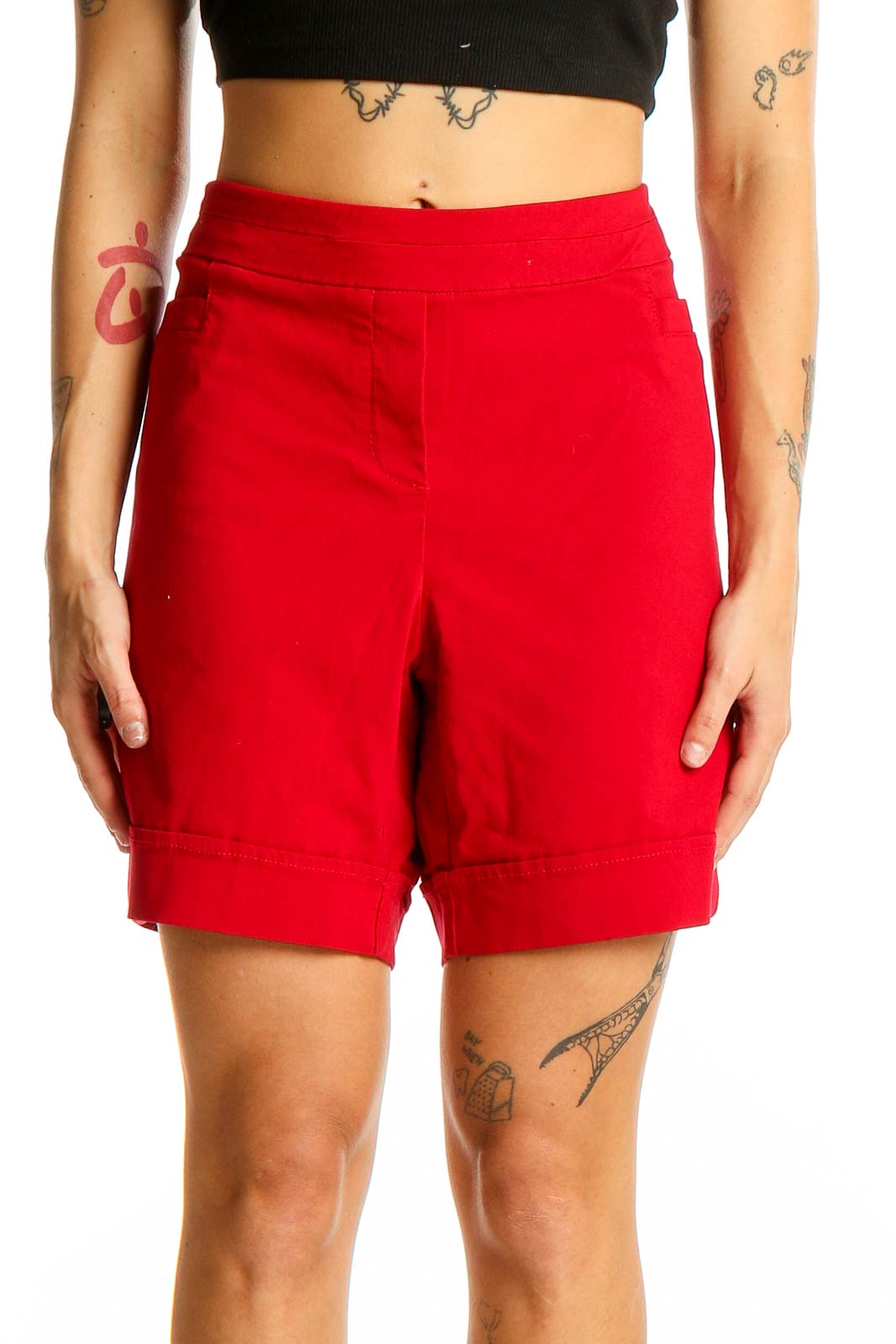 Front view of red Briggs Bermuda shorts on model