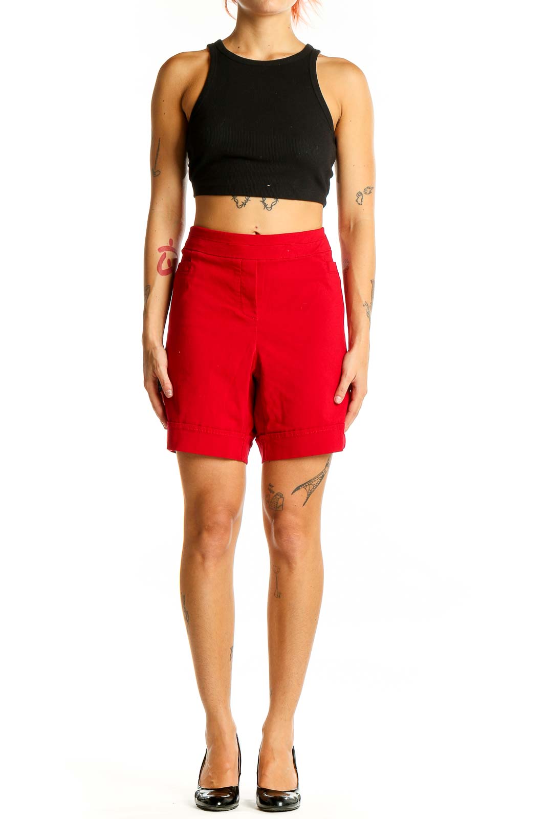 Front view of red Briggs Bermuda shorts on model