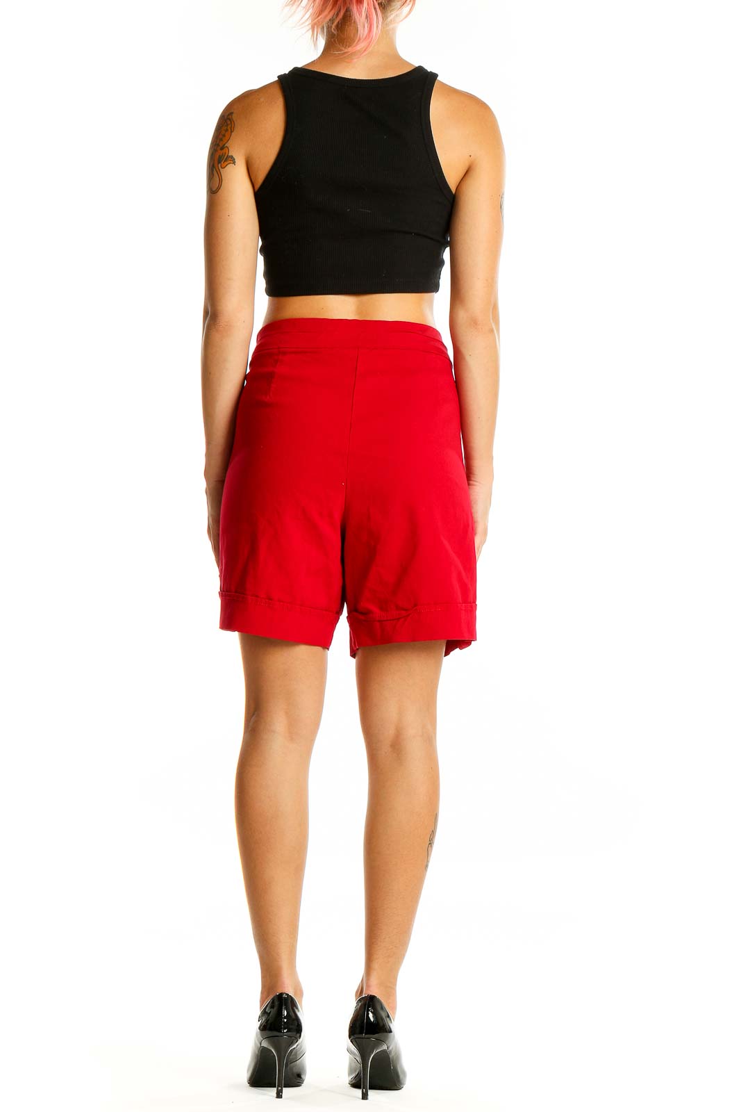 Back view of red Briggs Bermuda shorts on model