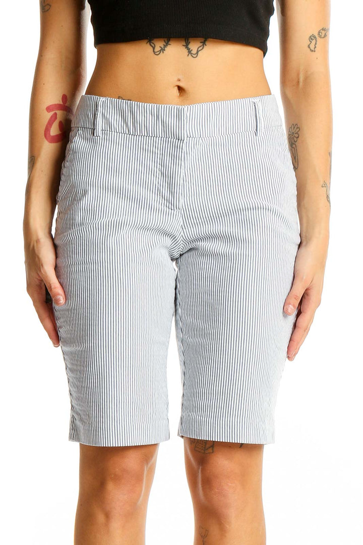 Front view of Halogen gray striped Bermuda shorts on model