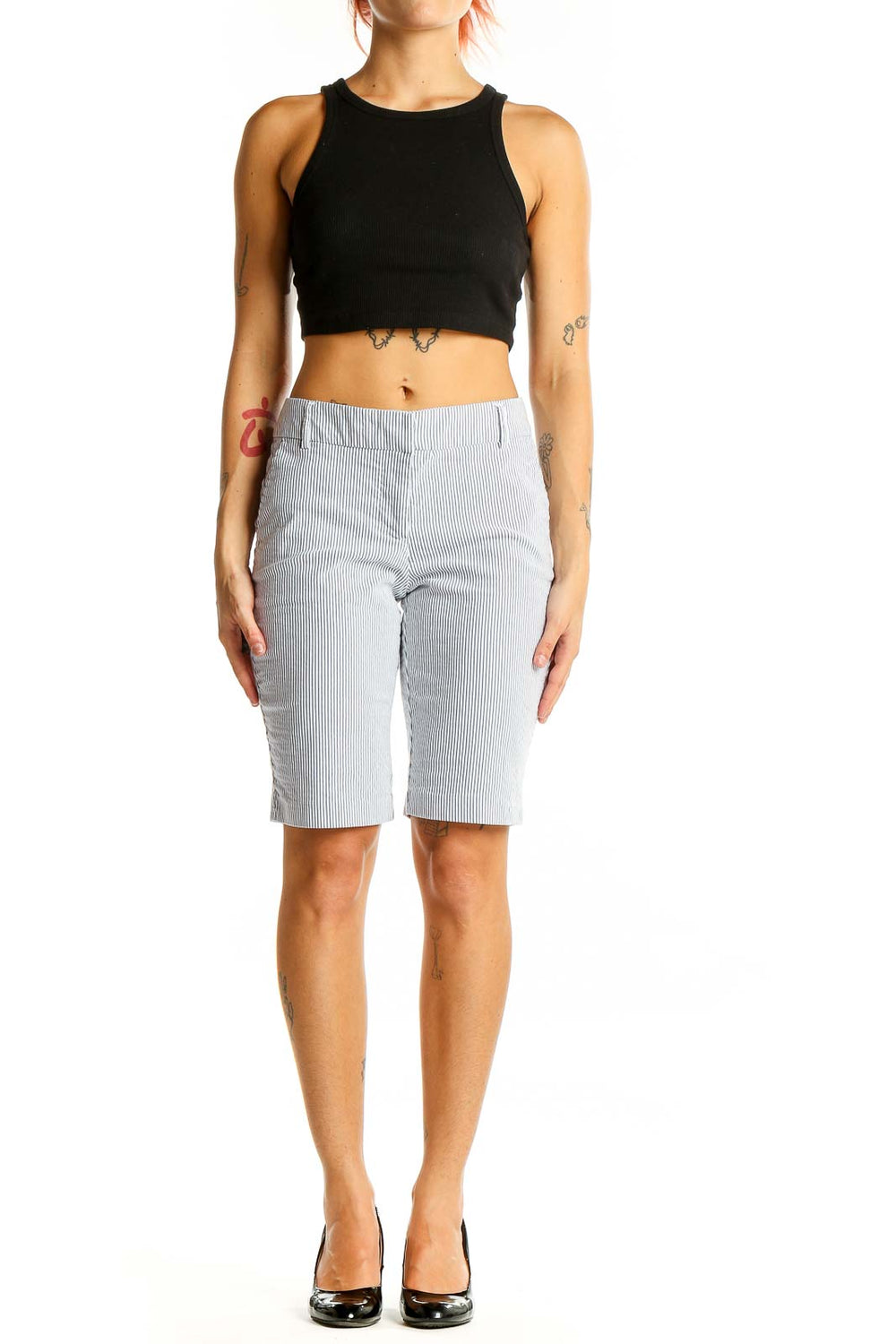 Front view of Halogen gray striped Bermuda shorts on model