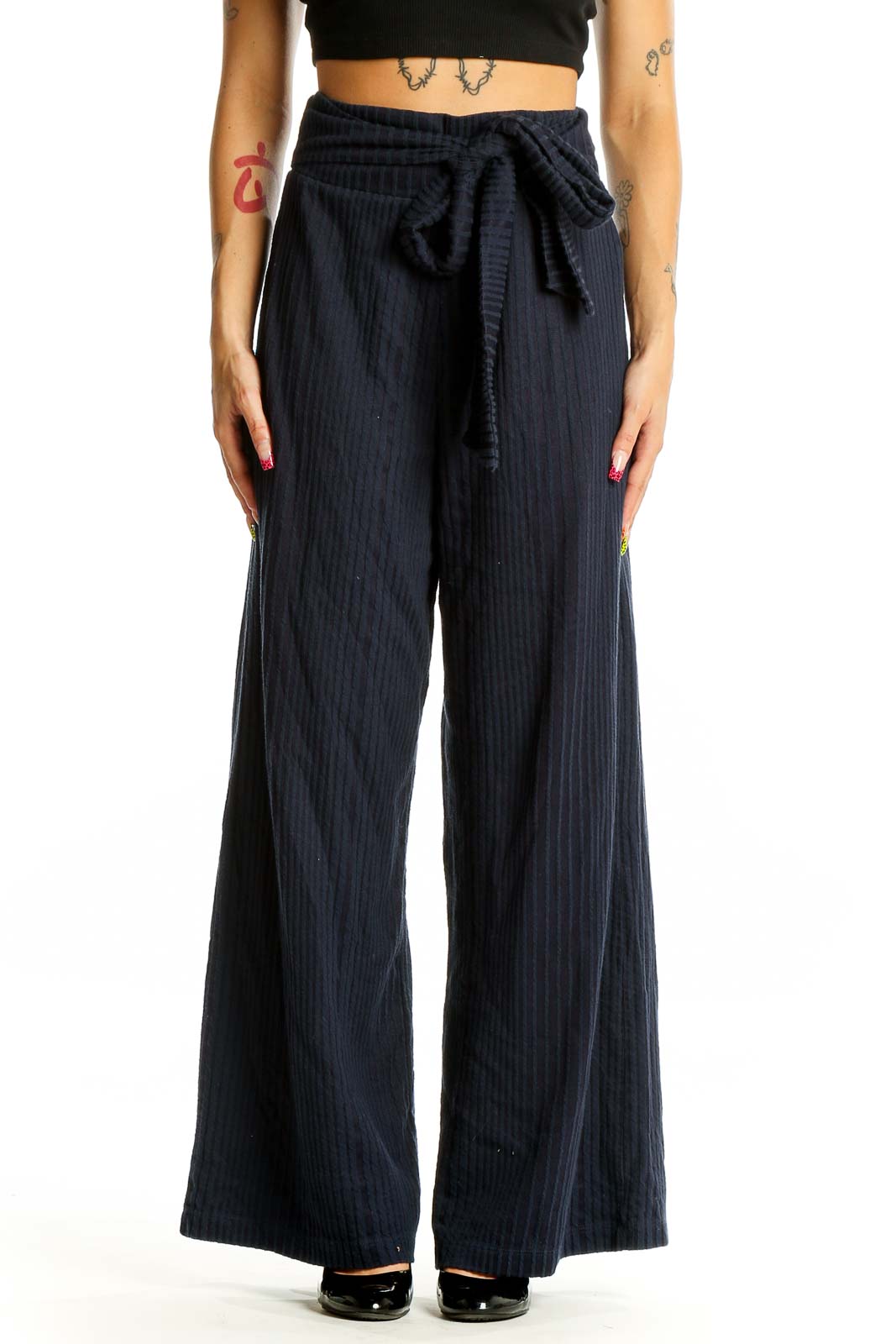 Front view of Gap navy ribbed wide-leg pants with tie-waist