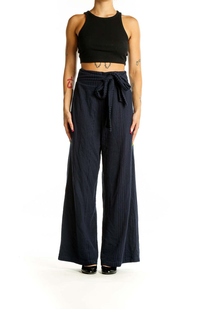 Front view of Gap navy ribbed wide-leg pants with tie-waist