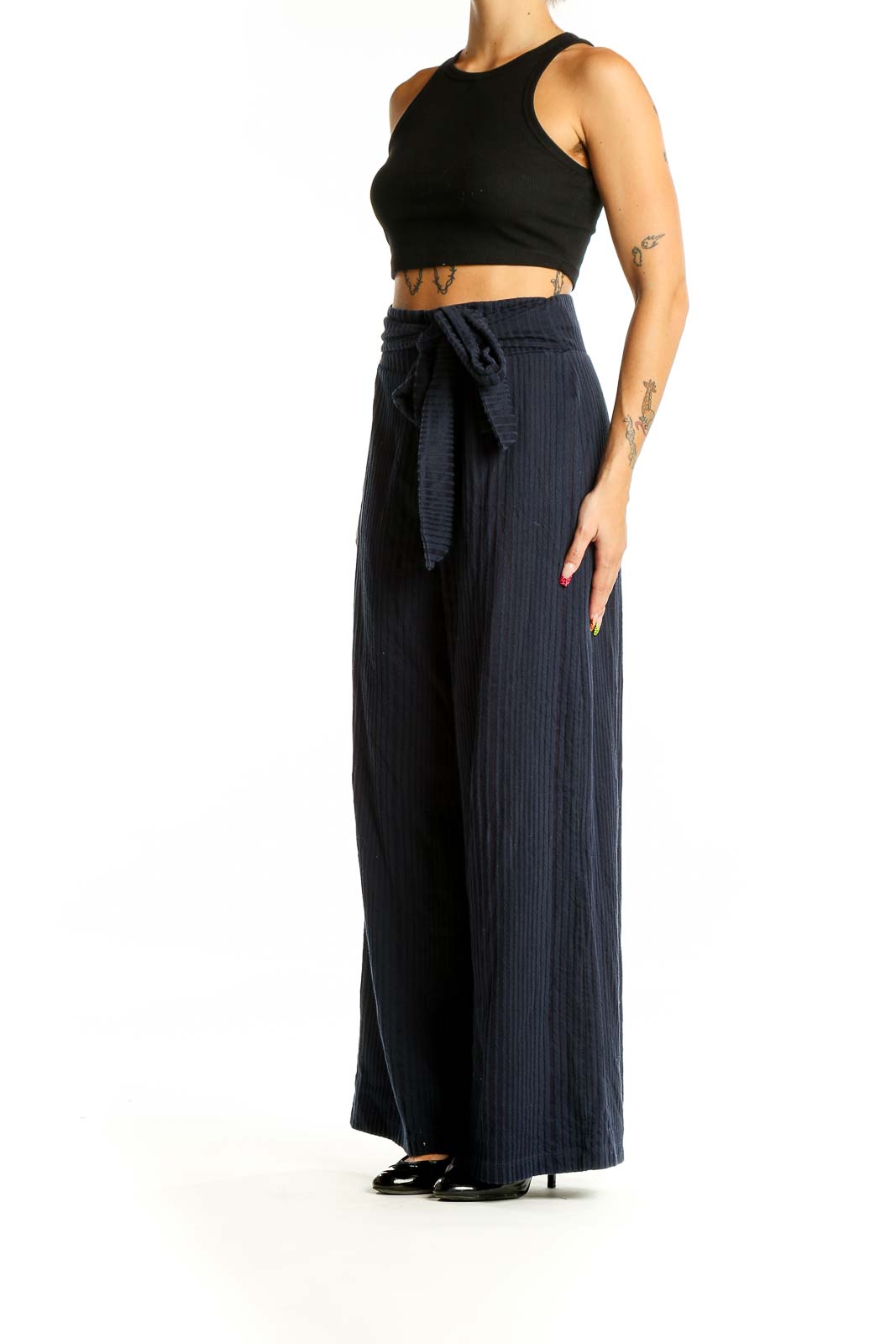 Front view of Gap navy ribbed wide-leg pants with tie-waist