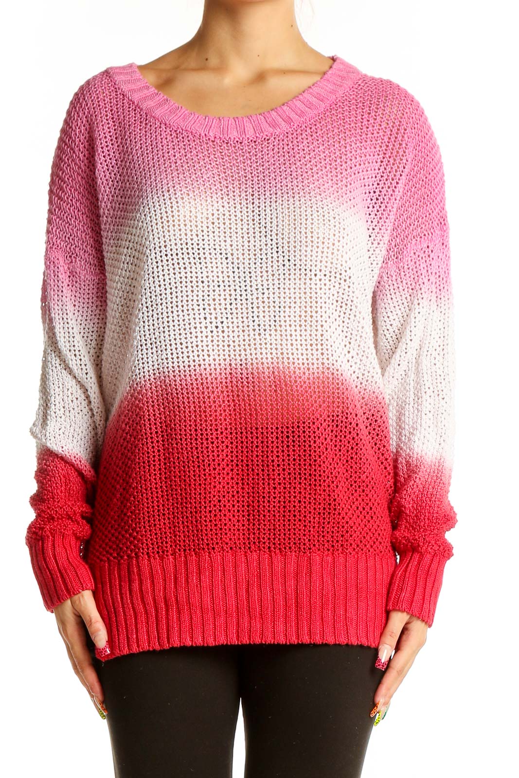 Front view of J.Crew pink ombre linen knit sweater with scoop neckline