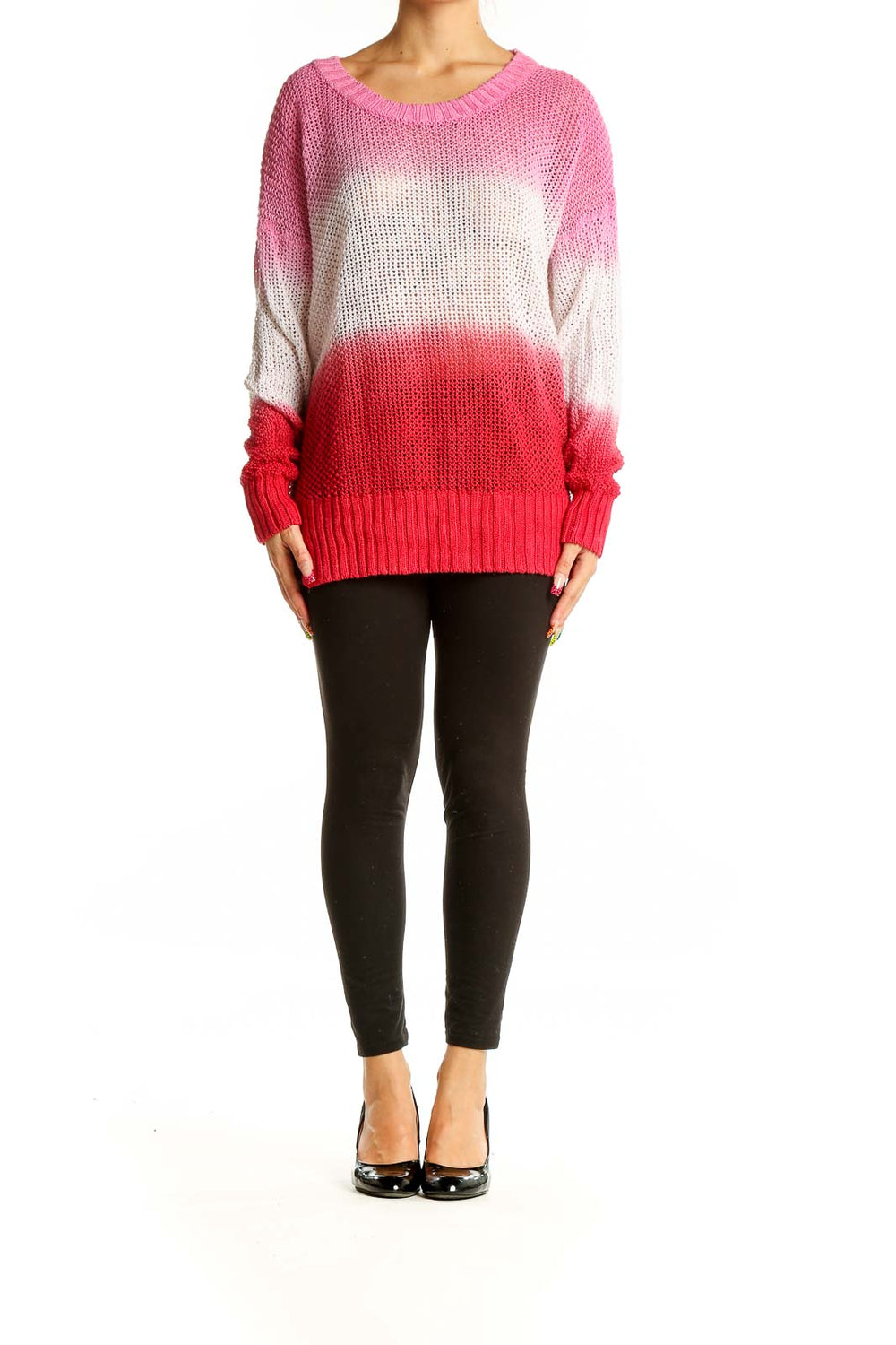 Front view of J.Crew pink ombre linen knit sweater with scoop neckline