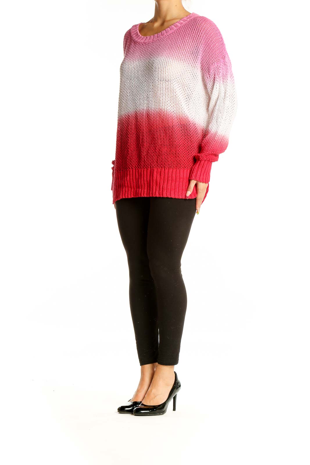 Front view of J.Crew pink ombre linen knit sweater with scoop neckline