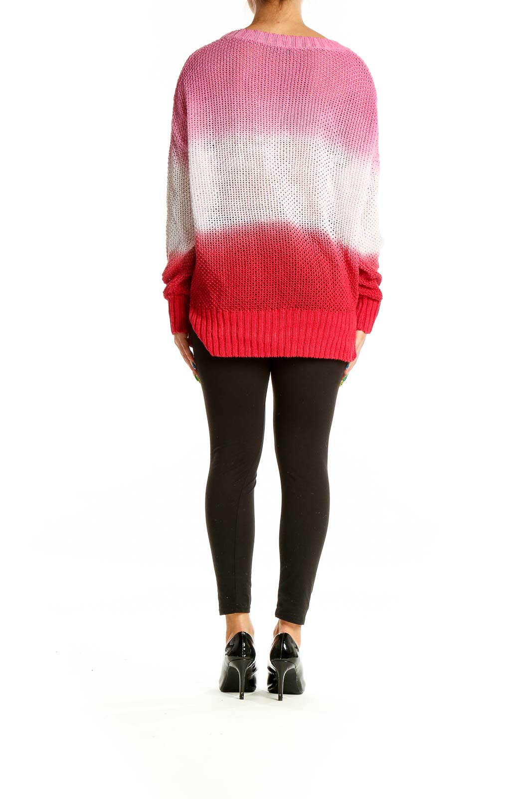 Back view of J.Crew pink ombre linen knit sweater showing full gradient effect