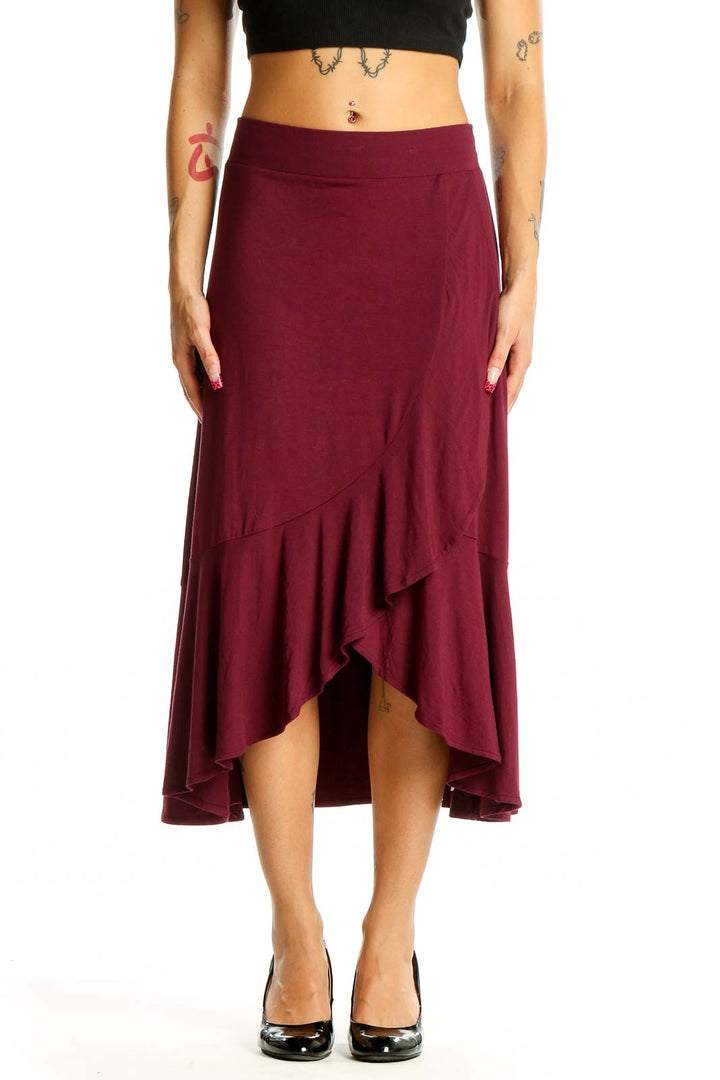 Front view of Gap burgundy high-low midi skirt with ruffle hem