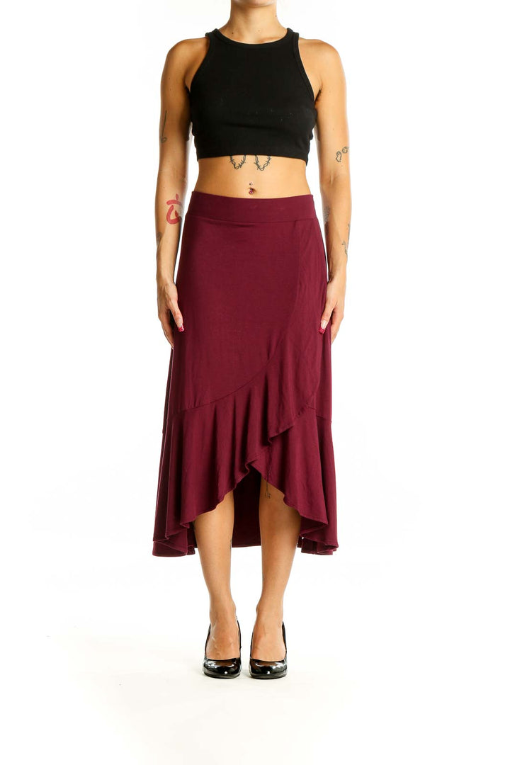 Front view of Gap burgundy high-low midi skirt with ruffle hem