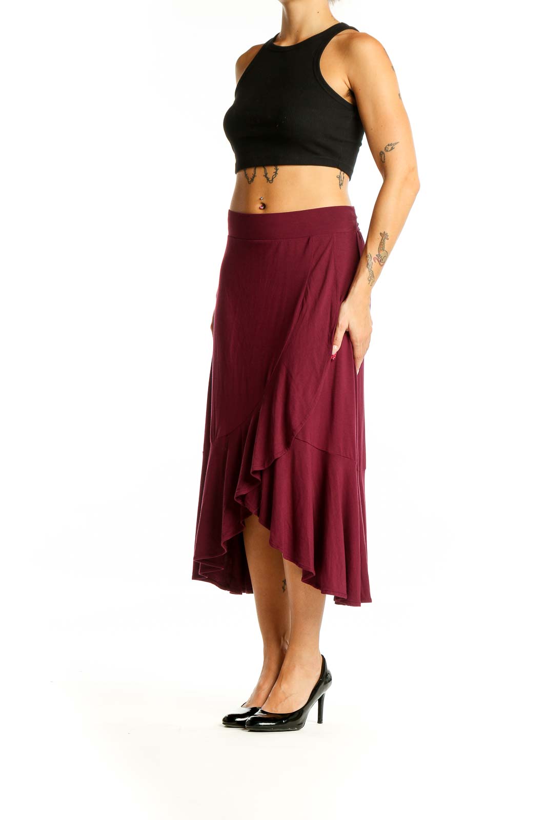 Front view of Gap burgundy high-low midi skirt with ruffle hem