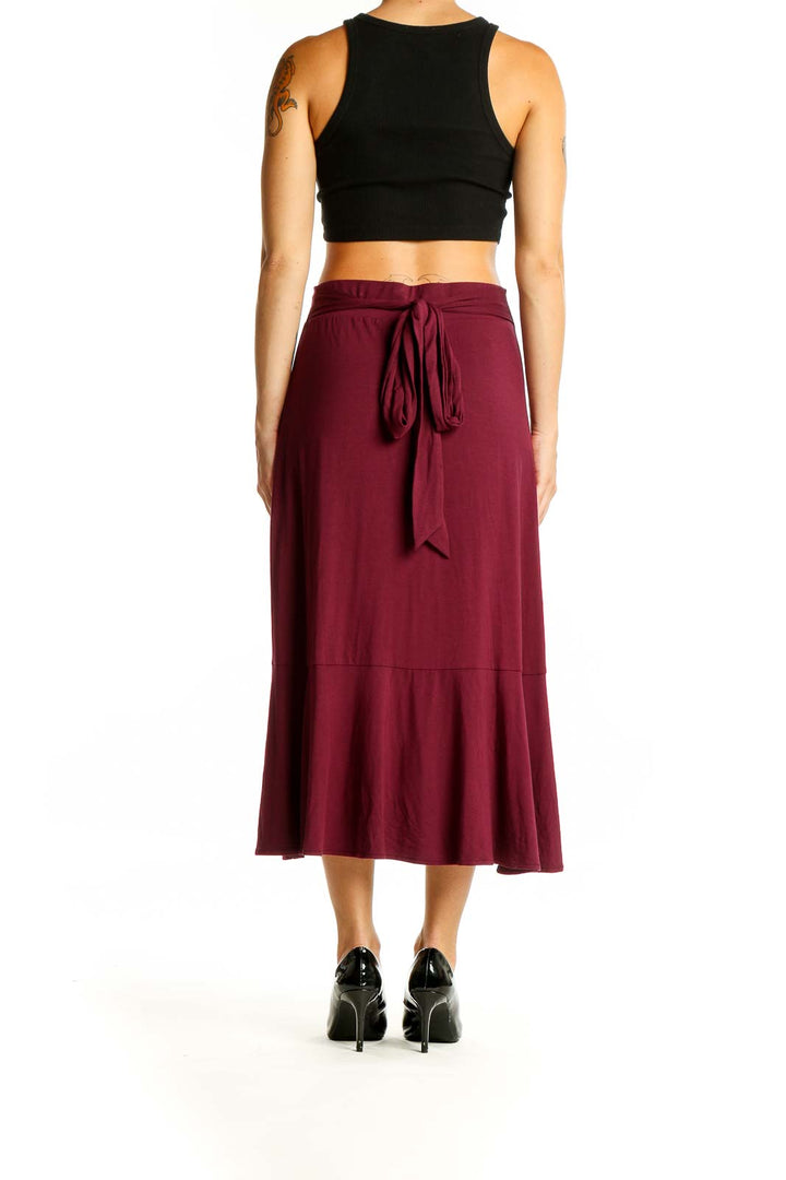 Back view of Gap burgundy high-low midi skirt with tie detail