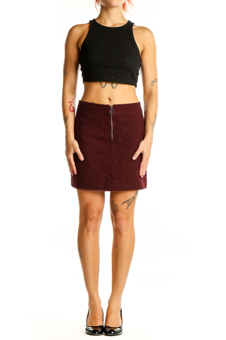 Maroon Zipper Detail Mini Skirt