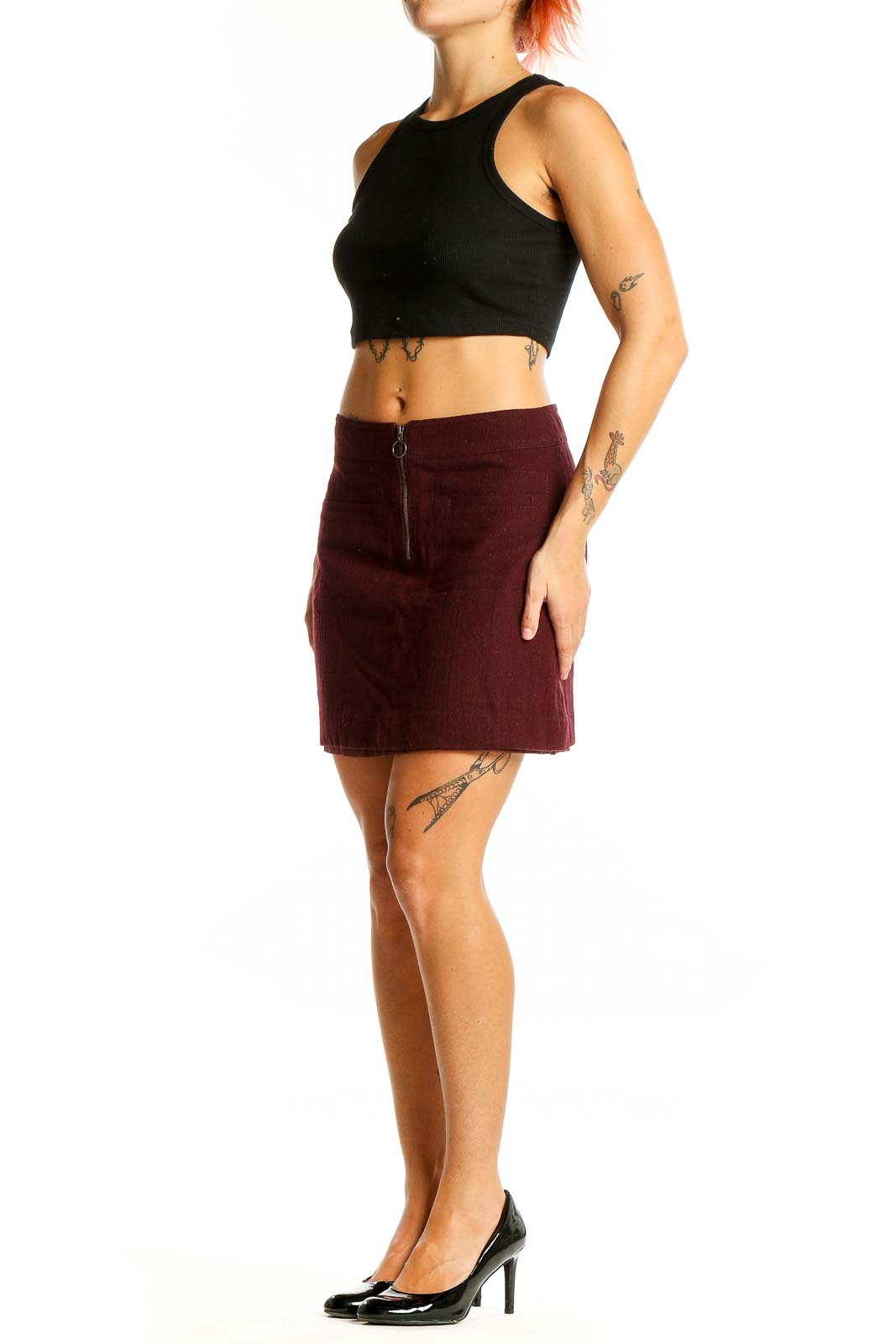 Maroon Zipper Detail Mini Skirt