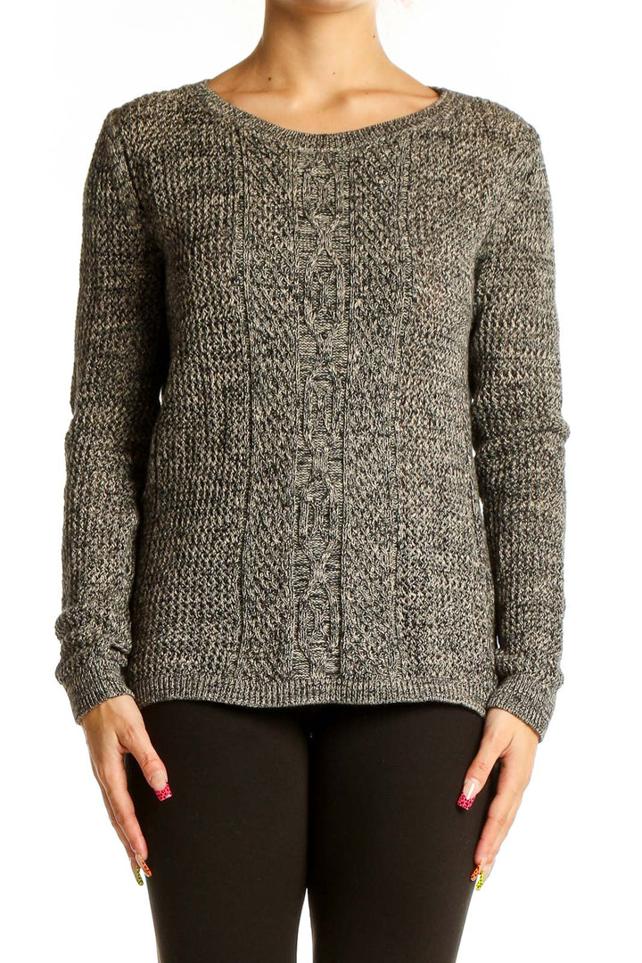 Front view of Rubbish gray marled cable knit sweater on model