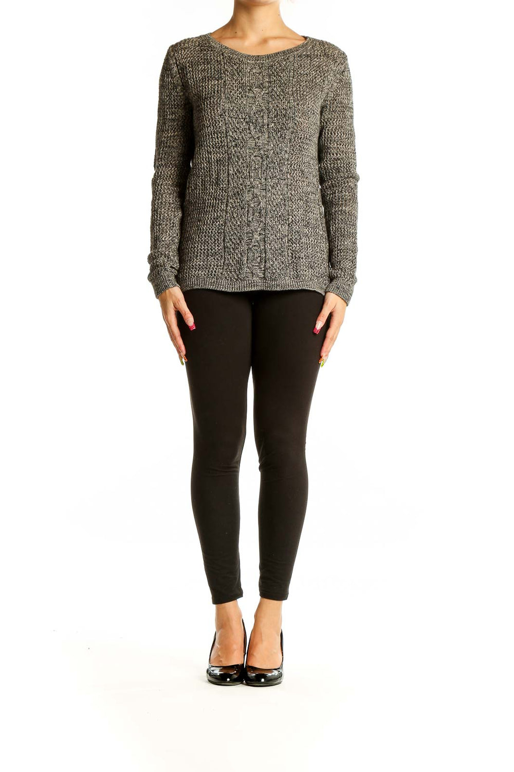 Front view of Rubbish gray marled cable knit sweater on model