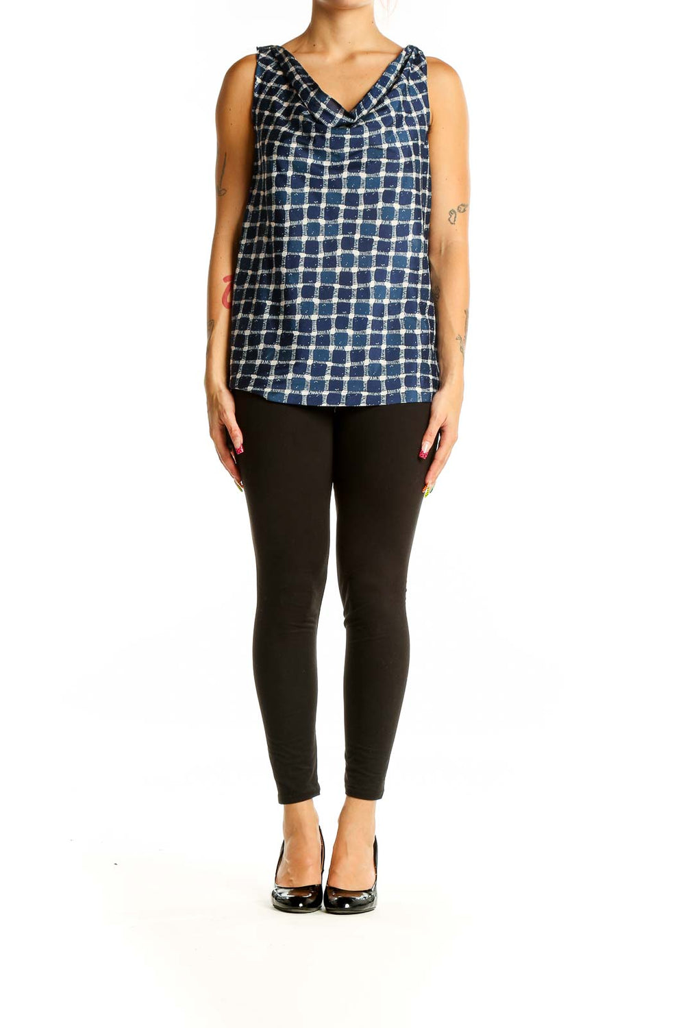 Front view of Banana Republic Navy and White Checkered Sleeveless Top