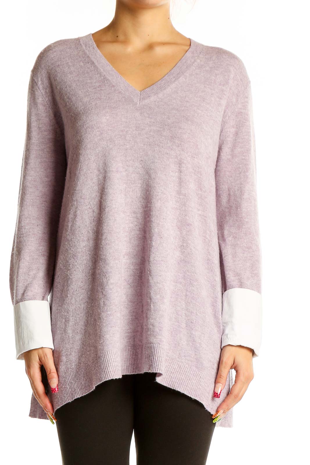 Front view of lavender J.Crew V-neck oversized knit sweater with white cuffs