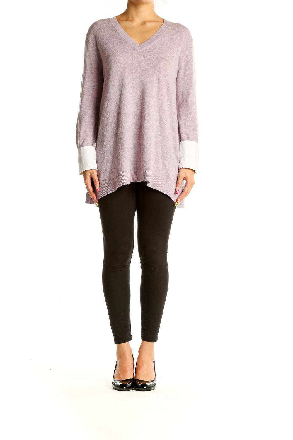 Front view of lavender J.Crew V-neck oversized knit sweater with white cuffs