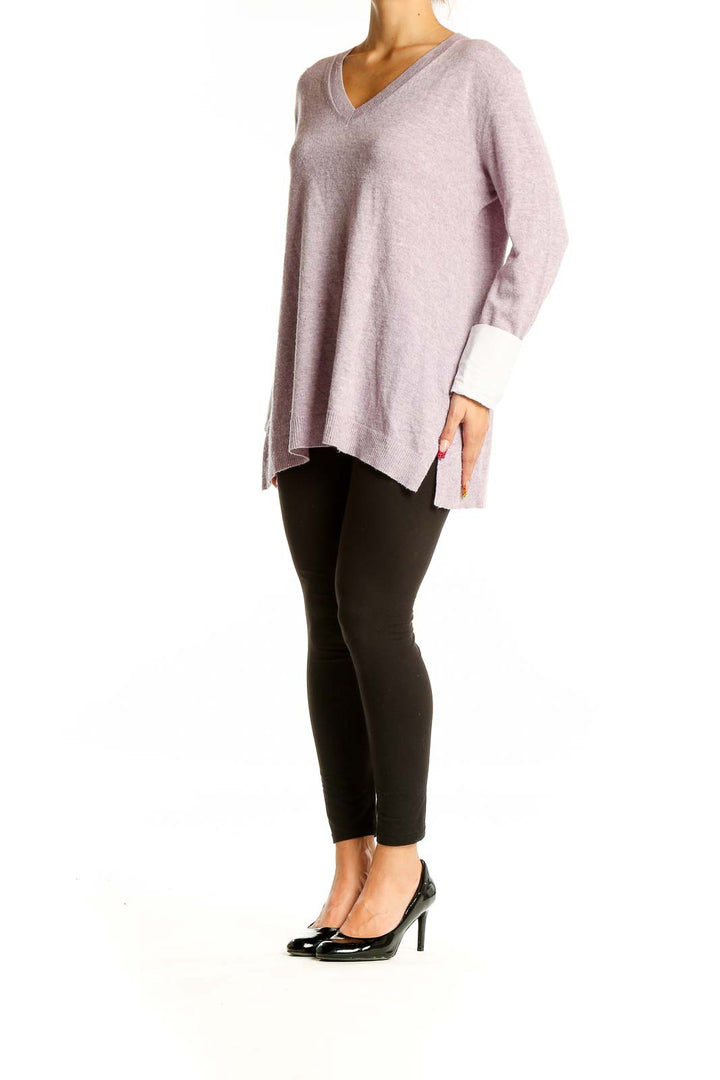 Front view of lavender J.Crew V-neck oversized knit sweater with white cuffs