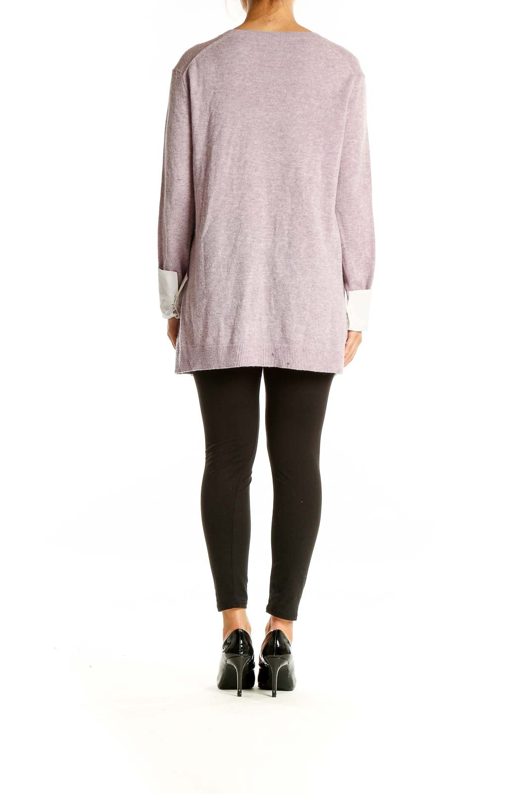 Back view of lavender J.Crew V-neck oversized knit sweater on model with black leggings