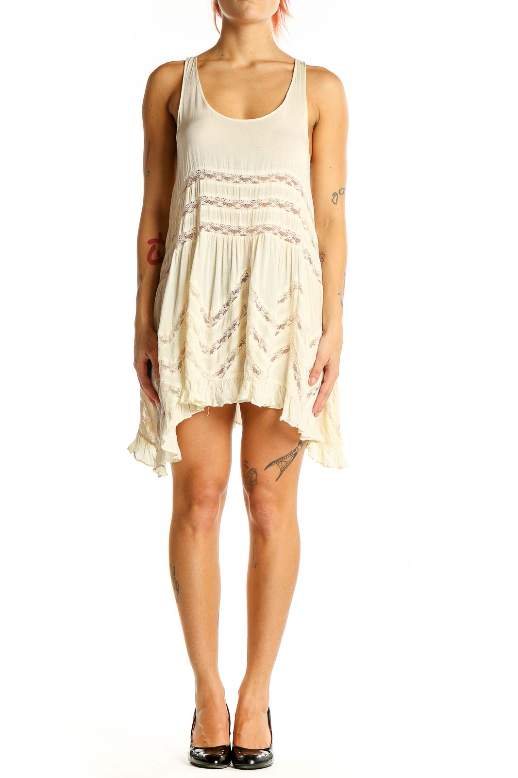 Front view of Intimately Free People ivory lace-trimmed flowy mini dress