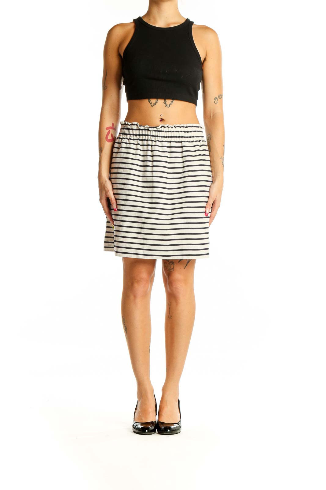 Front view of J.Crew white and navy striped cotton-linen skirt with elastic waistband