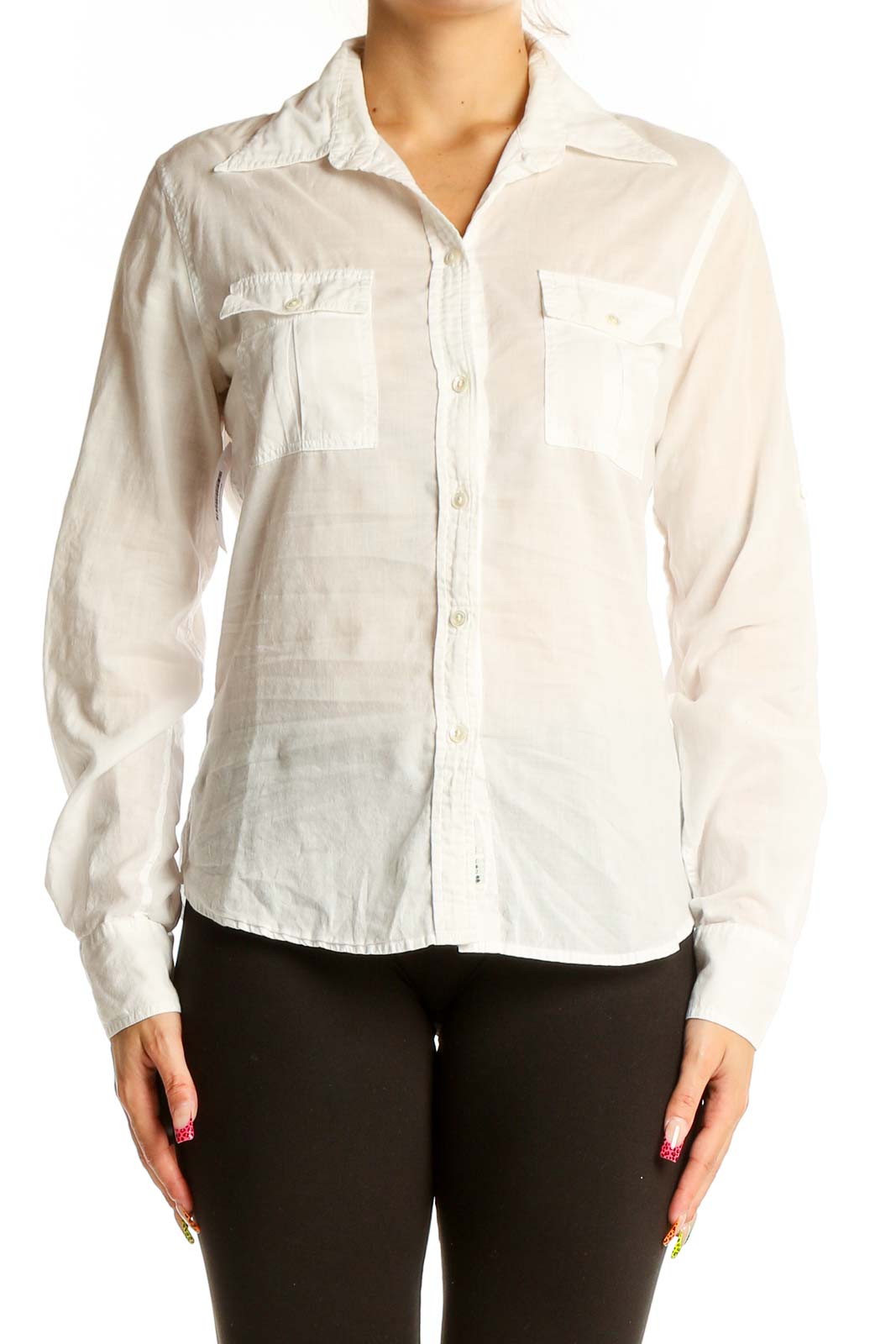 Front view of Lucky Brand white cotton button-up shirt with chest pockets