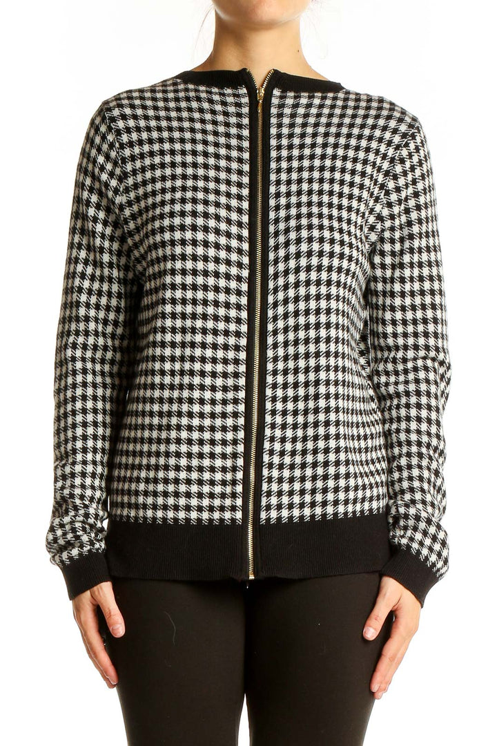 White Black Gingham Print Cardigan