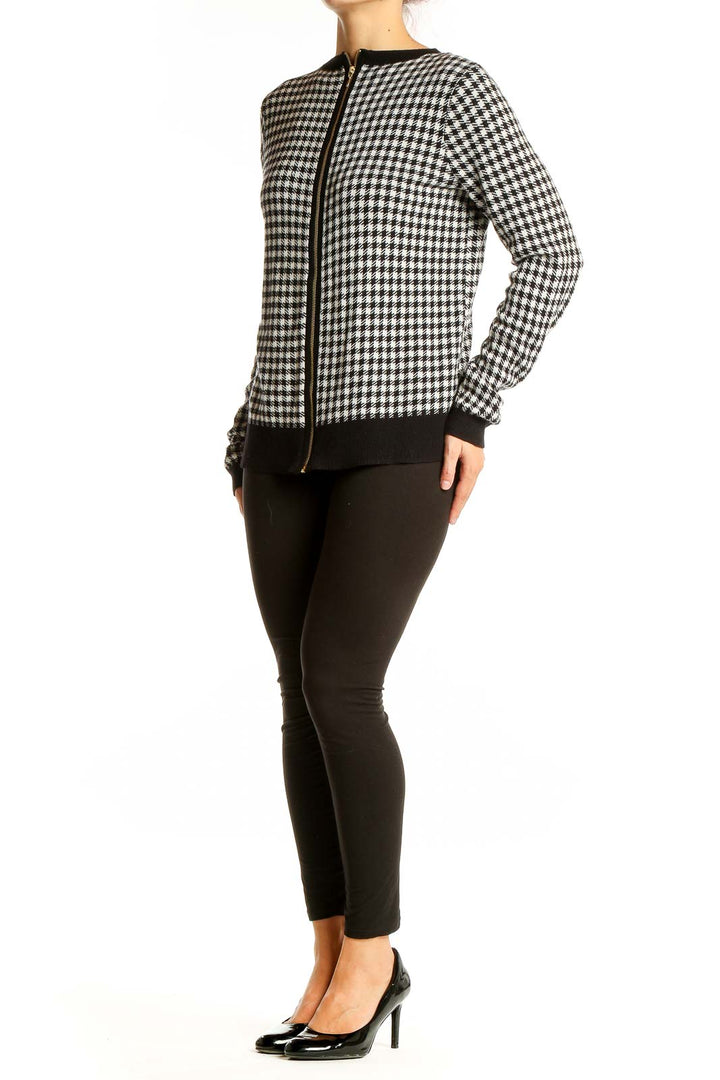 White Black Gingham Print Cardigan