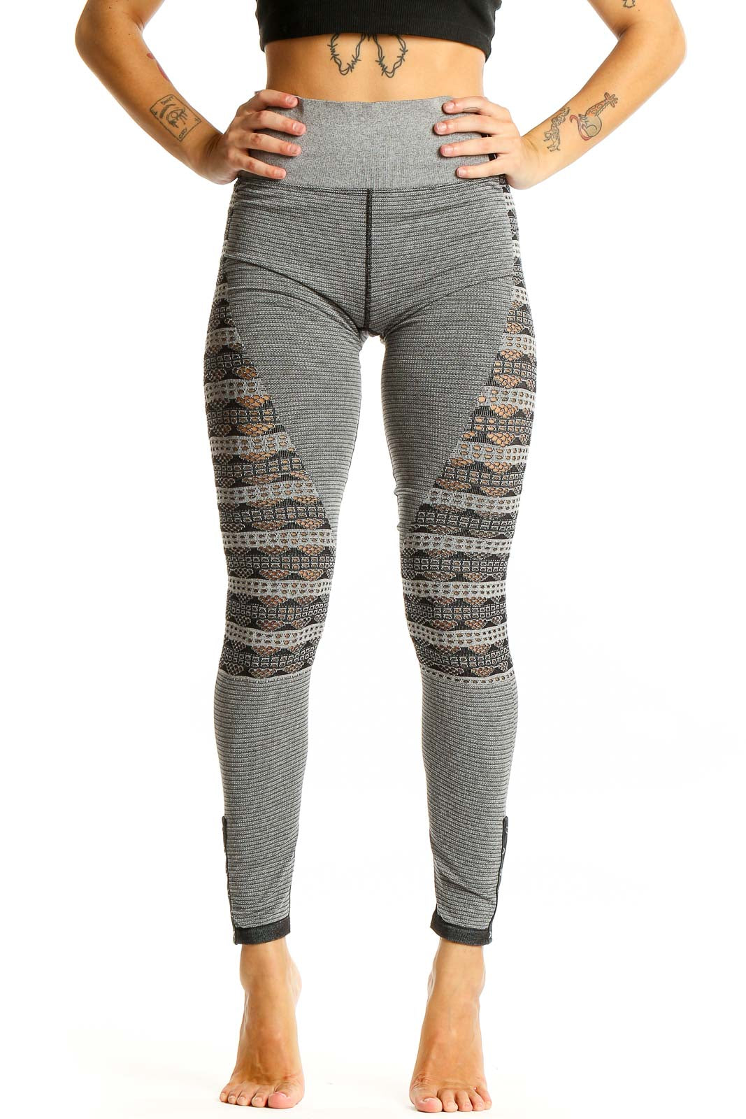 Front view of gray patterned high-waist activewear leggings from Free People