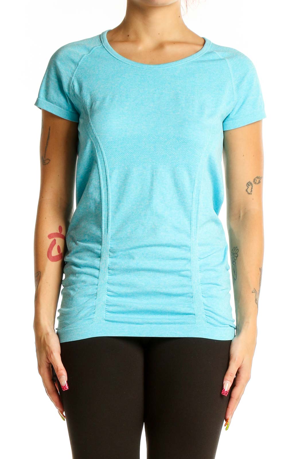 Front view of Athleta aqua short sleeve workout top with ruched sides