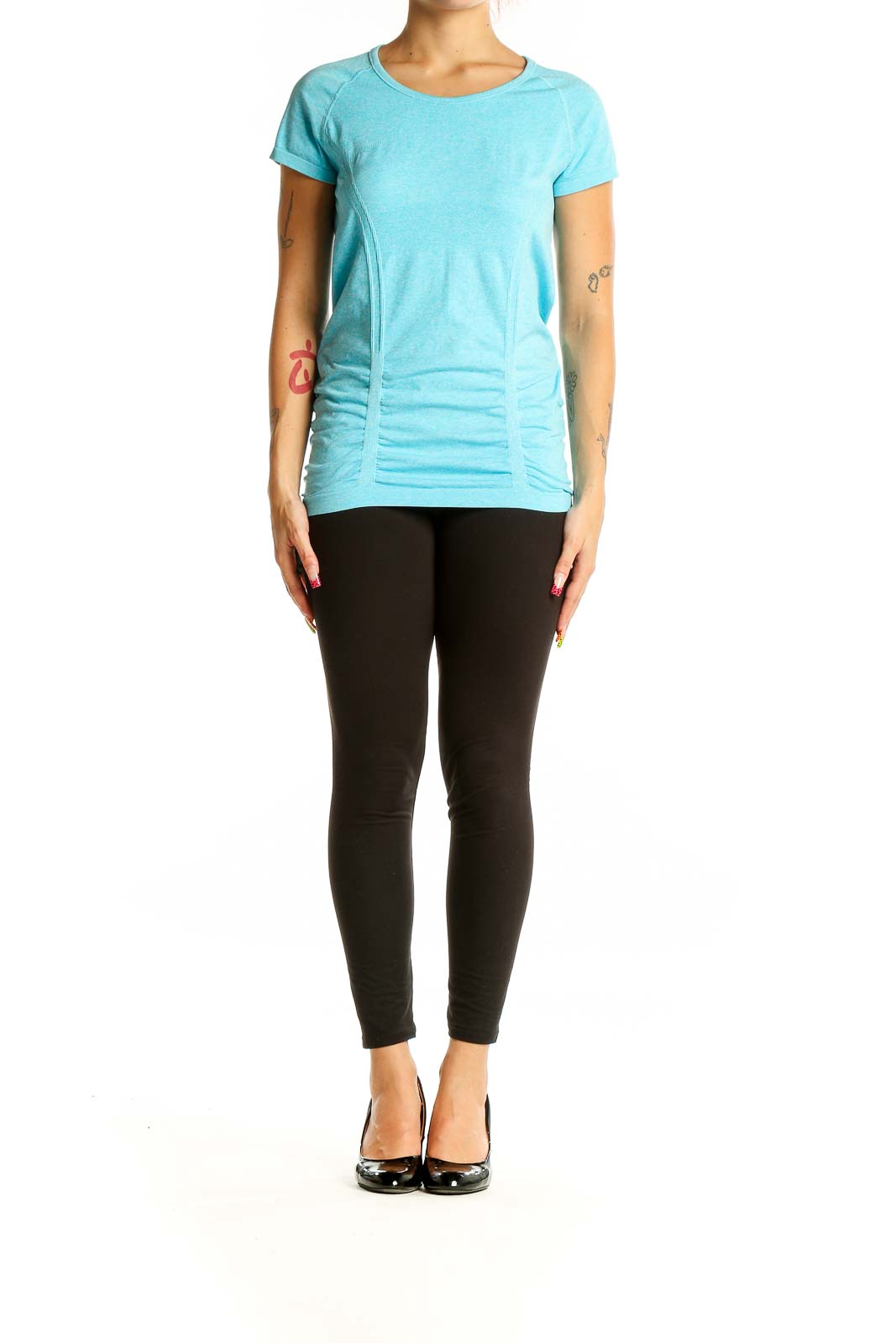 Front view of Athleta aqua short sleeve workout top with ruched sides