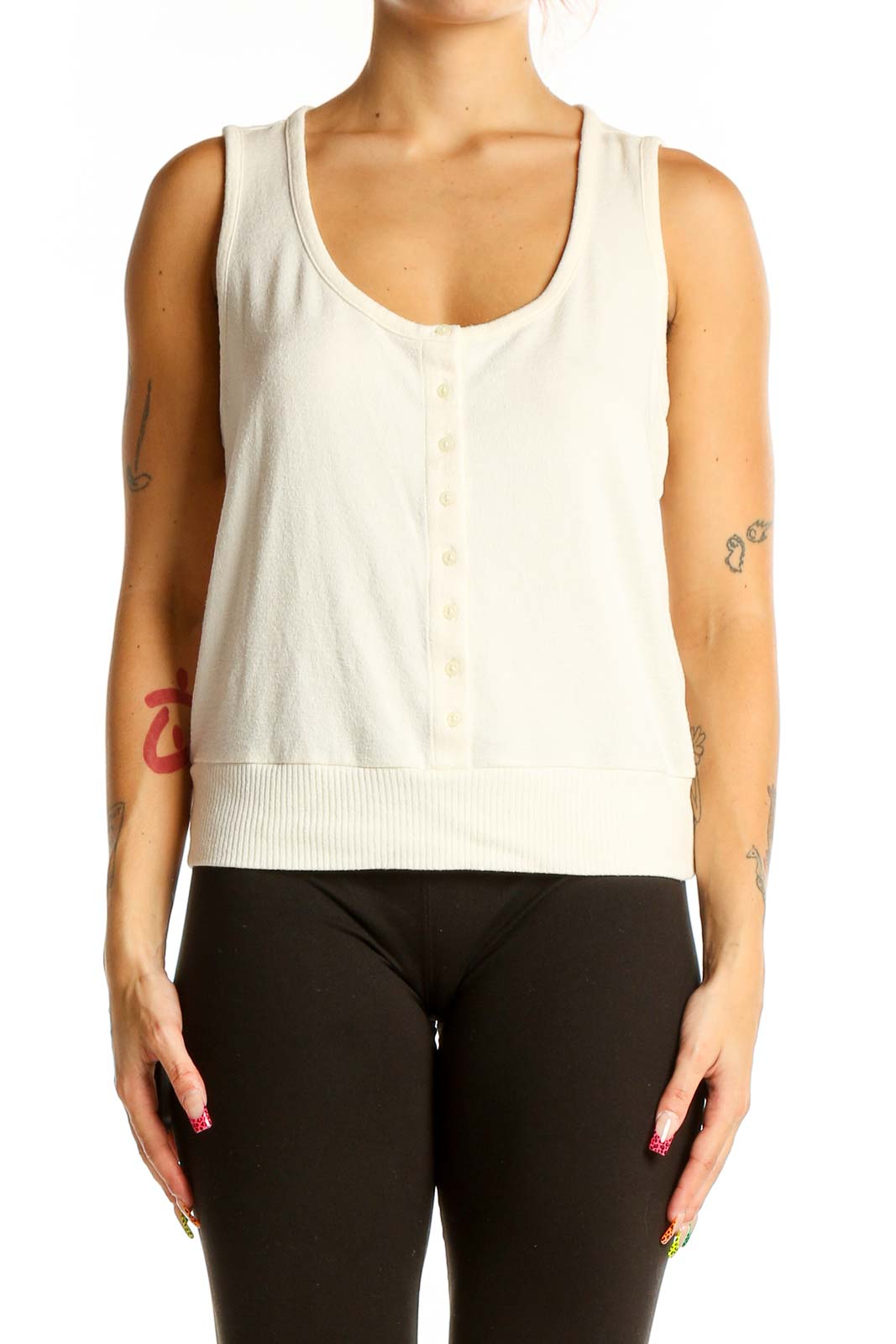 Front view of white sleeveless button-front tank top from Gap