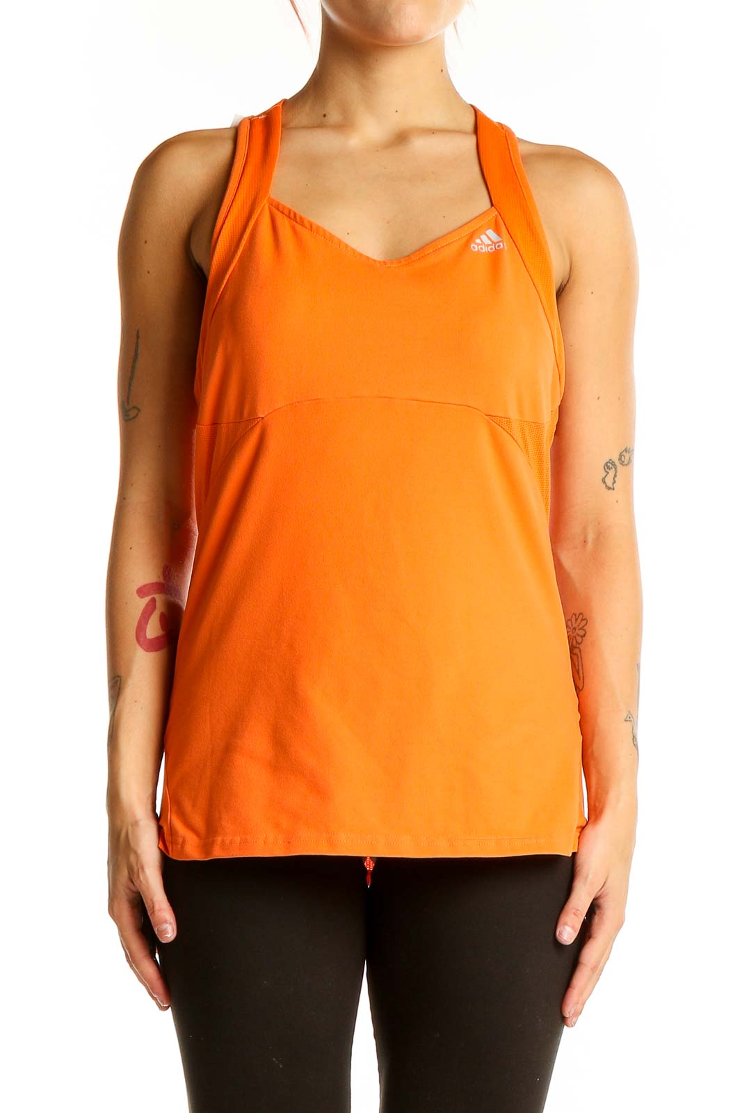 Front view of orange Adidas racerback performance tank top