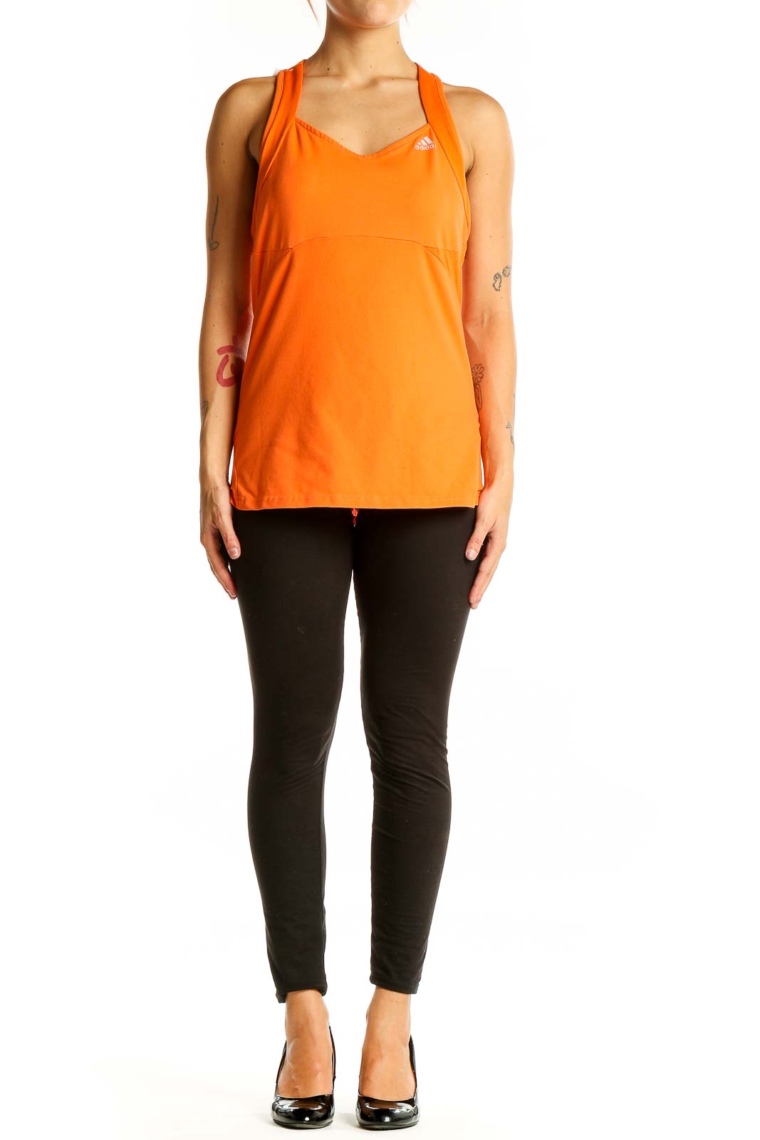 Front view of orange Adidas racerback performance tank top