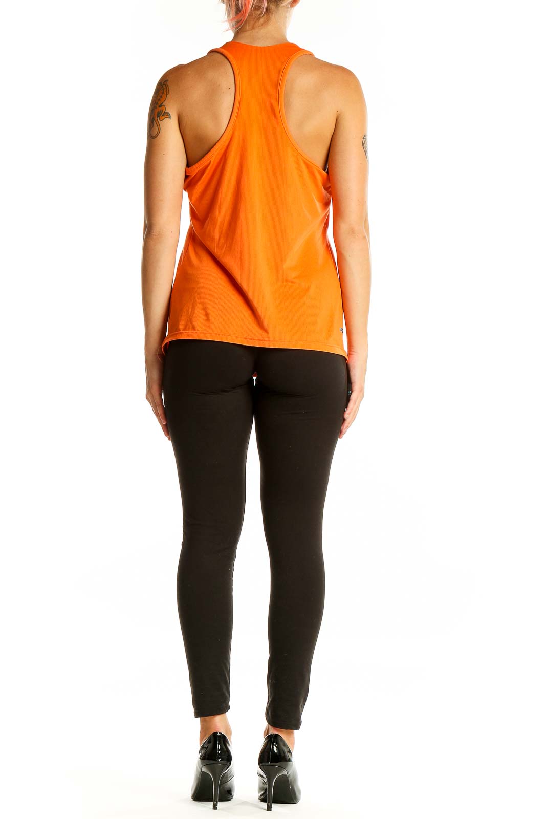 Back view of orange Adidas racerback performance tank top showing racerback design