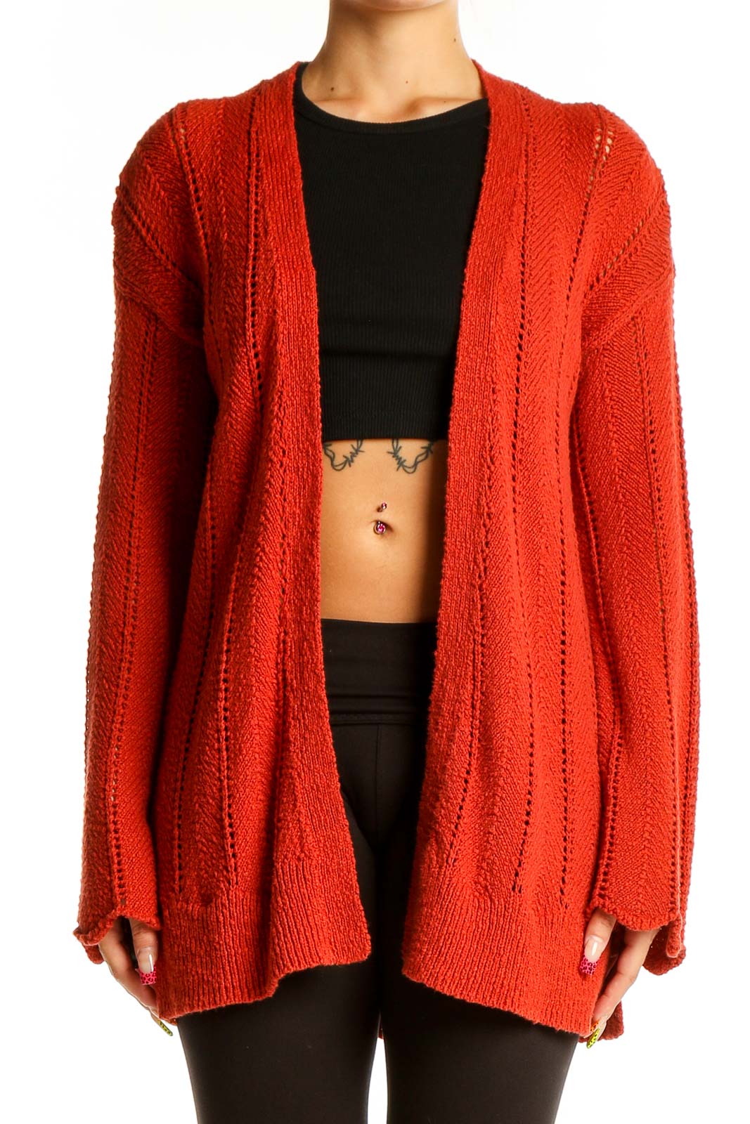 Front view of red knit open-front cardigan by Meadow Rue