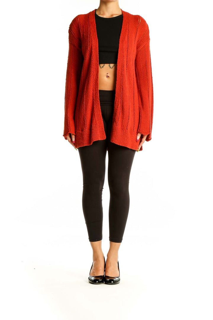 Front view of red knit open-front cardigan by Meadow Rue