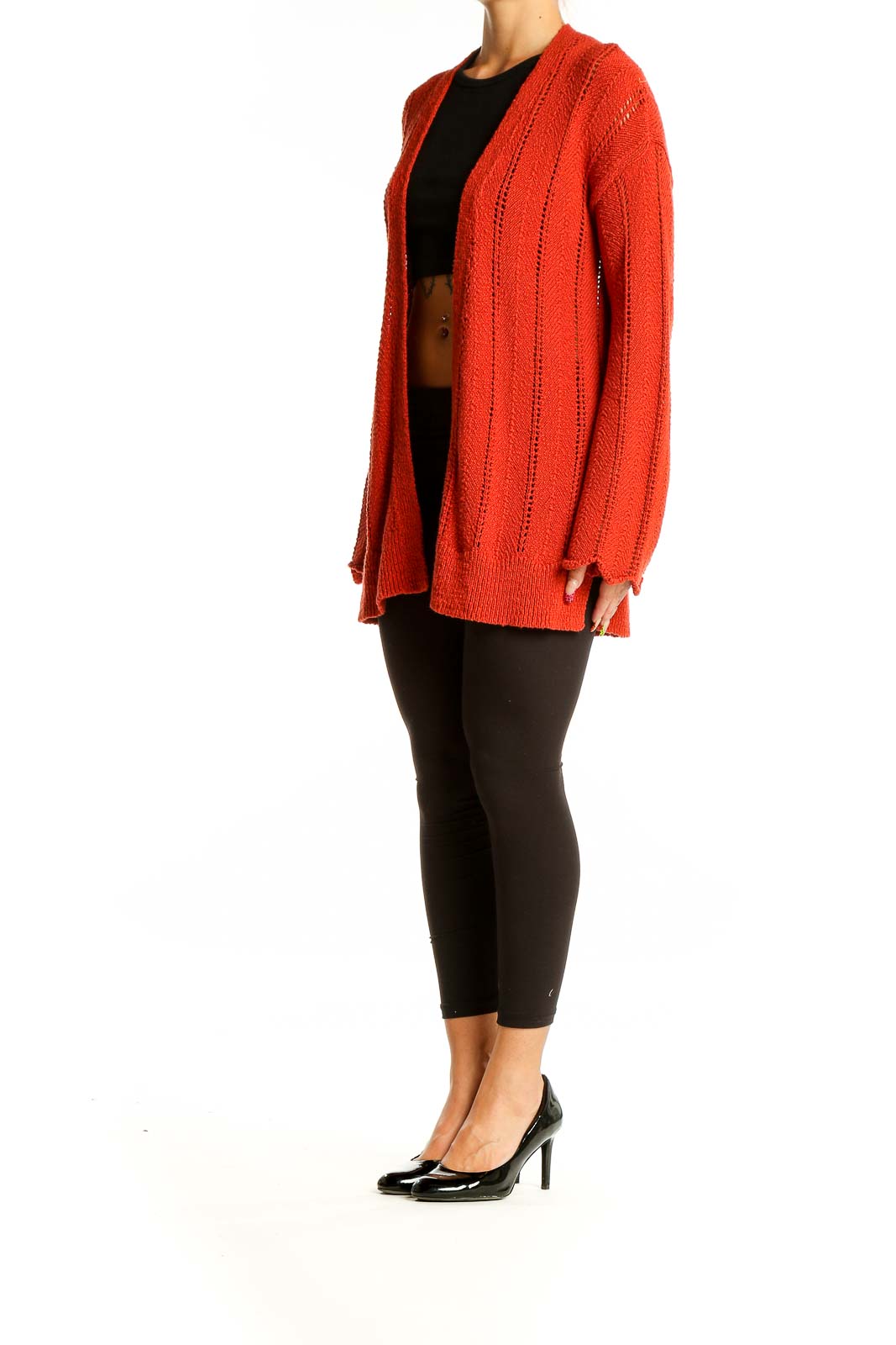 Front view of red knit open-front cardigan by Meadow Rue