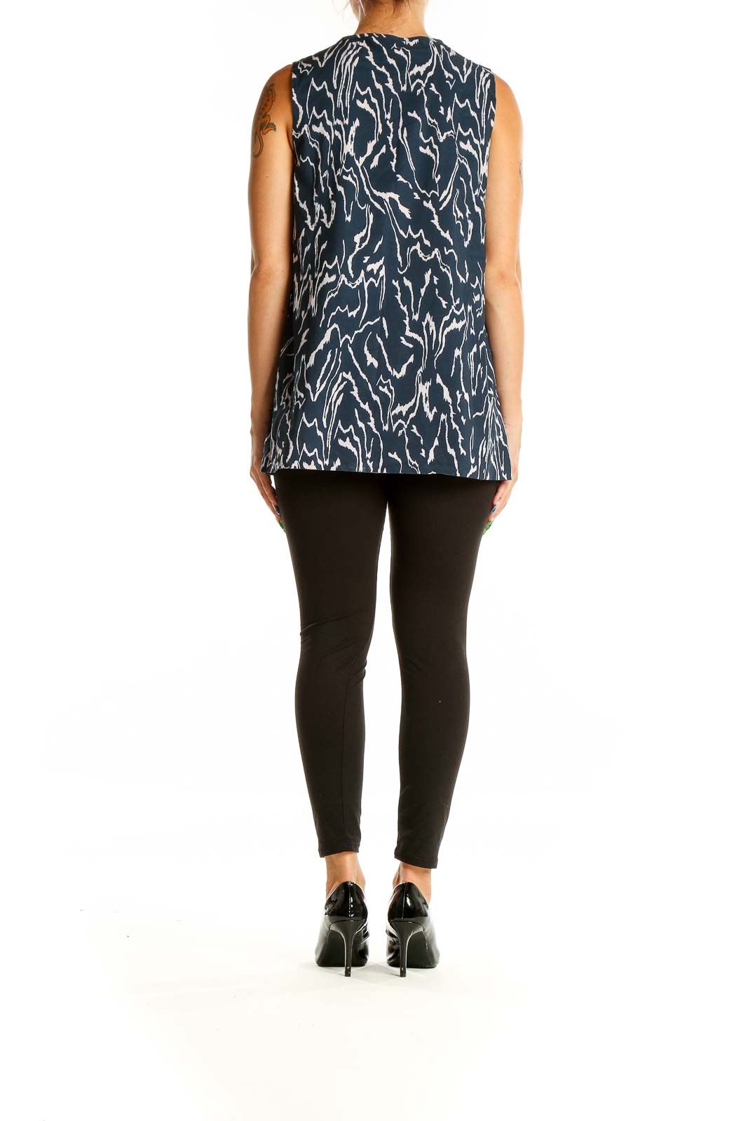 Back view of Athleta navy sleeveless top with white abstract print