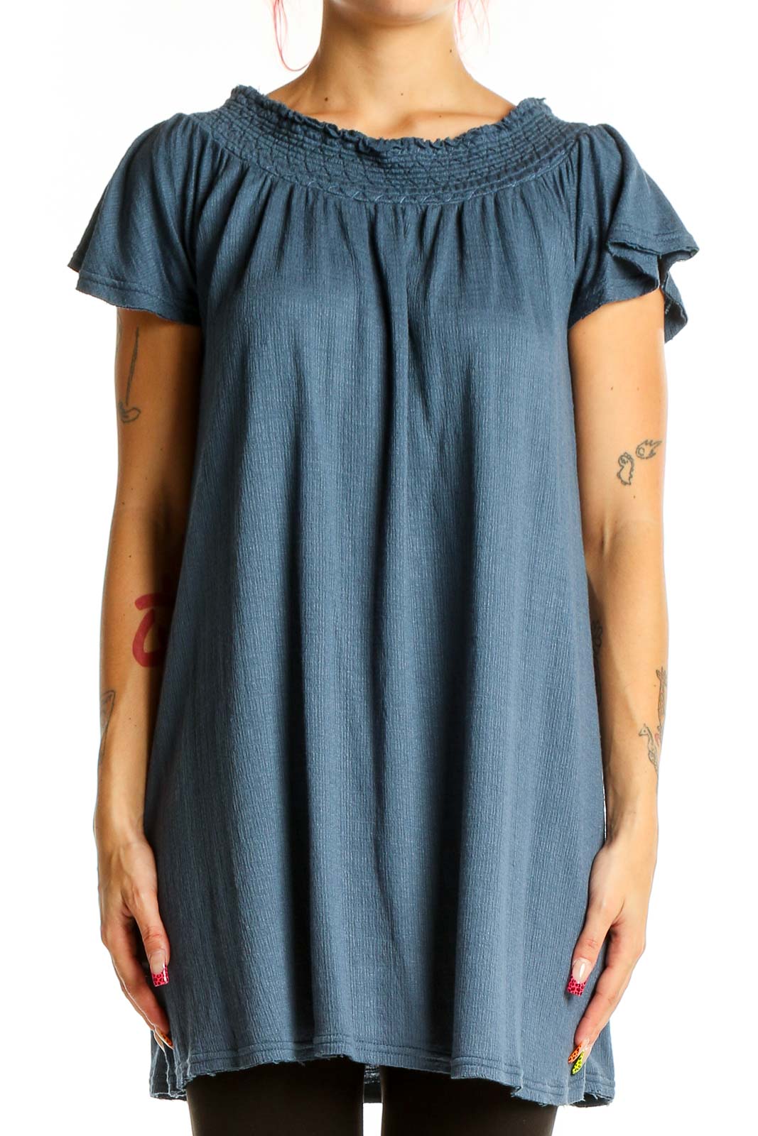 Front view of blue O'Neill off-shoulder mini dress with flutter sleeves