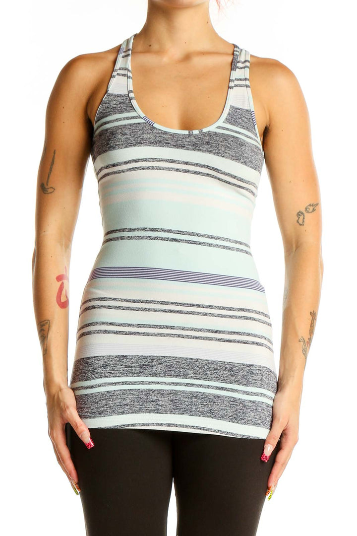 Front view of mint green Lululemon racerback tank top with gray and white stripes